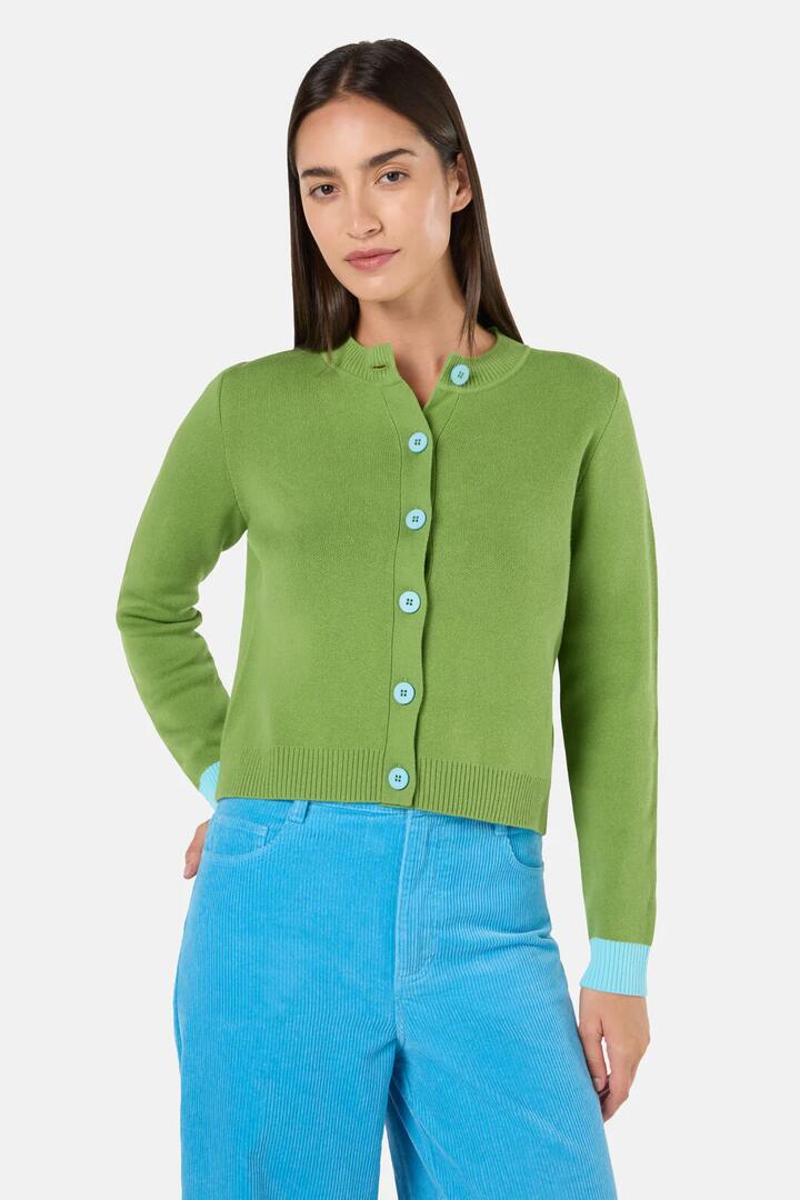 Image of a model wearing Outerwear. Productname: Limewire Cotton Cardigan in Lime colour by brand - Gorman