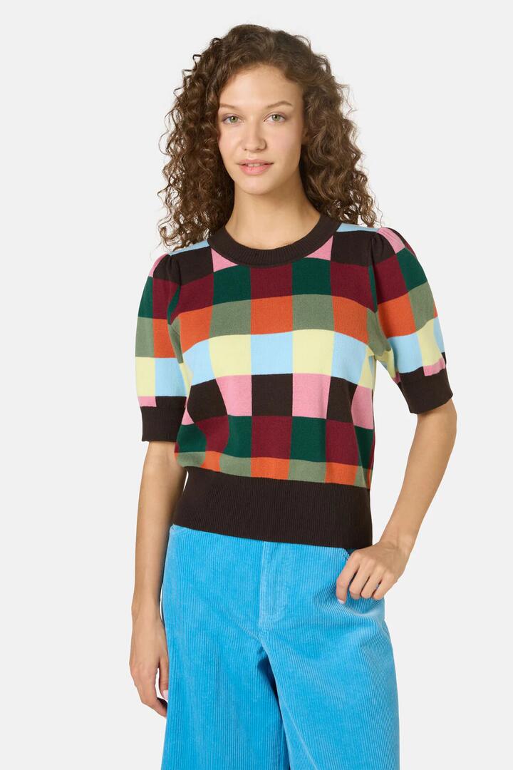 Image of a model wearing Tops. Productname: Camp Check Cotton Knit Top in Check colour by brand - Gorman