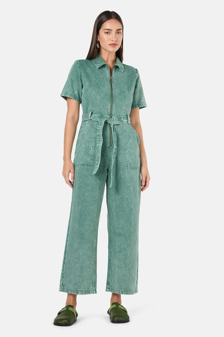 Image of a model wearing Pants. Product name - Marylou Denim Pantsuit in Green colour by brand - Gorman