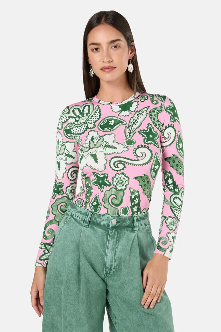 Image of a model wearing Tops. Product name - Paisley Parade Long Sleeve Top in Pink colour by brand - Gorman