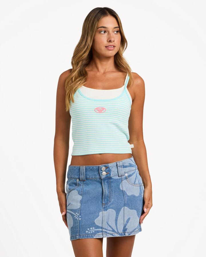 Image of a model wearing Tops. Productname: Roxy Womens Never Too Late Tank Top Coconut Milk Regular Stripe Ho - in Coconut Milk Regular Stripe Ho colour by brand - Roxy