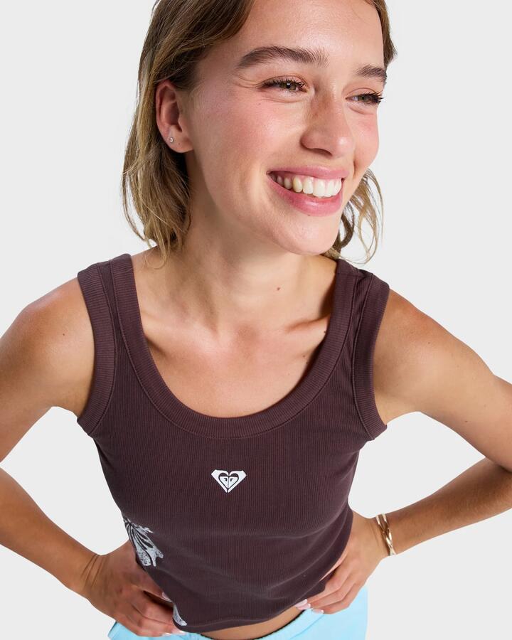 Image of a model wearing Tops. Productname: Roxy Womens Keep It Cool Tank Top French Roast - in French Roast colour by brand - Roxy