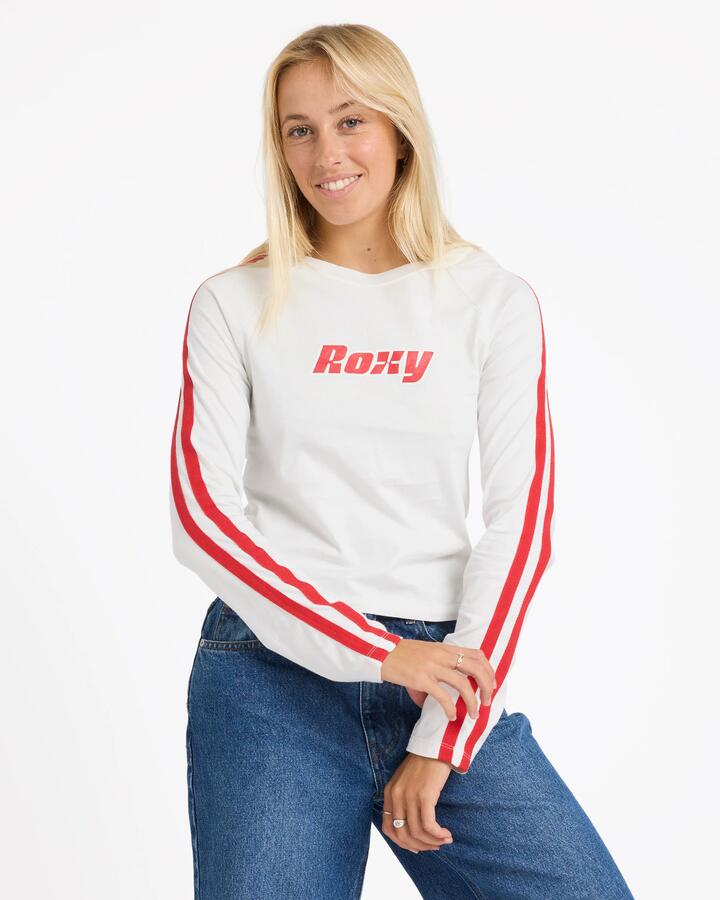 Image of a model wearing Tops. Productname: Roxy Womens Game Time Long Sleeve T-Shirt Bone - in Bone colour by brand - Roxy
