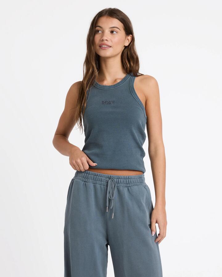 Image of a model wearing Tops. Product name - Roxy Womens Intervals Tank Top Dark Slate in Dark Slate colour by brand - Roxy