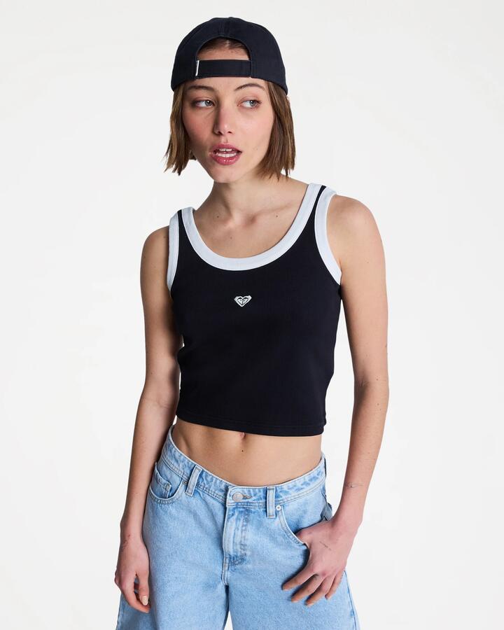 Image of a model wearing Tops. Productname: Roxy Womens Keep It Cool Tank Top Anthracite - in Anthracite colour by brand - Roxy