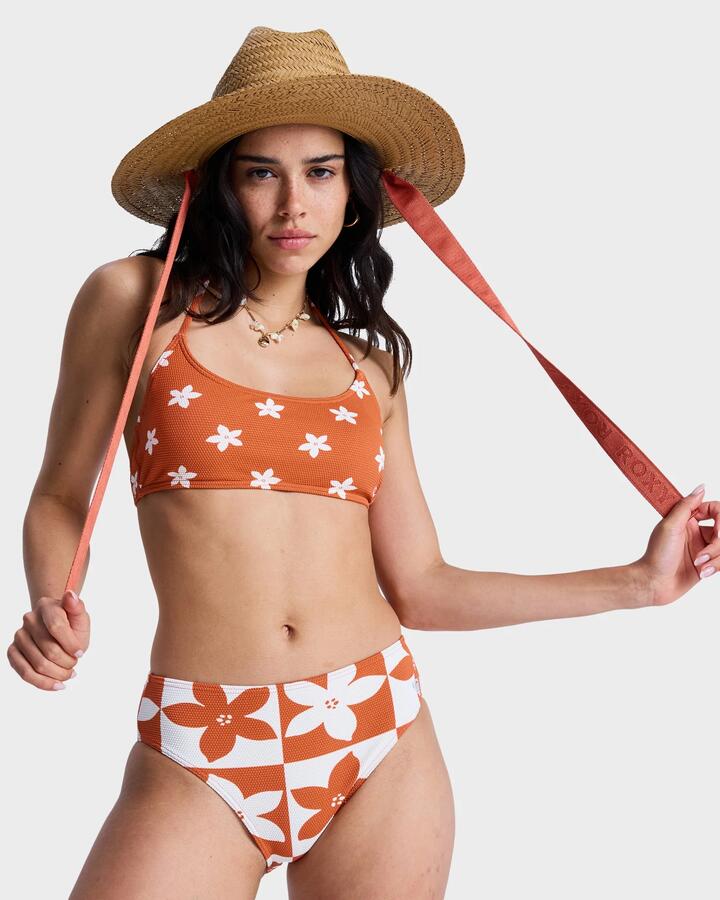 Image of a model wearing Tops. Productname: Roxy Womens Hazy Days Bralette Bikini Top Ginger Spice Flores - in Ginger Spice Flores colour by brand - Roxy