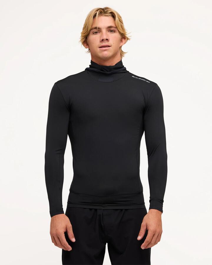 Image of a model wearing Tops. Productname: Quiksilver Mens Highline Hooded Long Sleeve Rash Vest Black - in Black colour by brand - Quiksilver