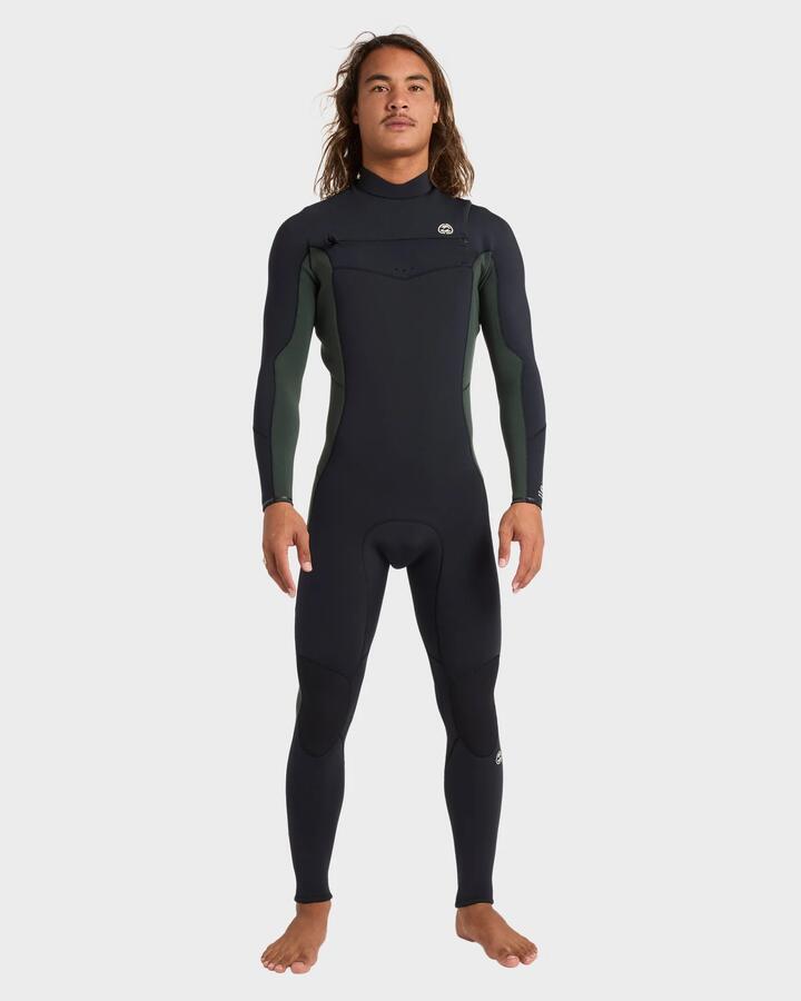 Image of a model wearing Tops. Productname: Billabong Mens 3/2Mm Absolute Natural Chest Zip Wetsuit Forest - in Forest colour by brand - Billabong