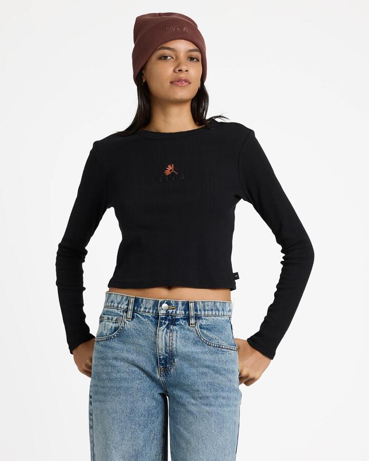 Image of a model wearing Tops. Productname: RVCA Womens Bailey Long Sleeve T-Shirt Rvca Black - in Rvca Black colour by brand - RVCA