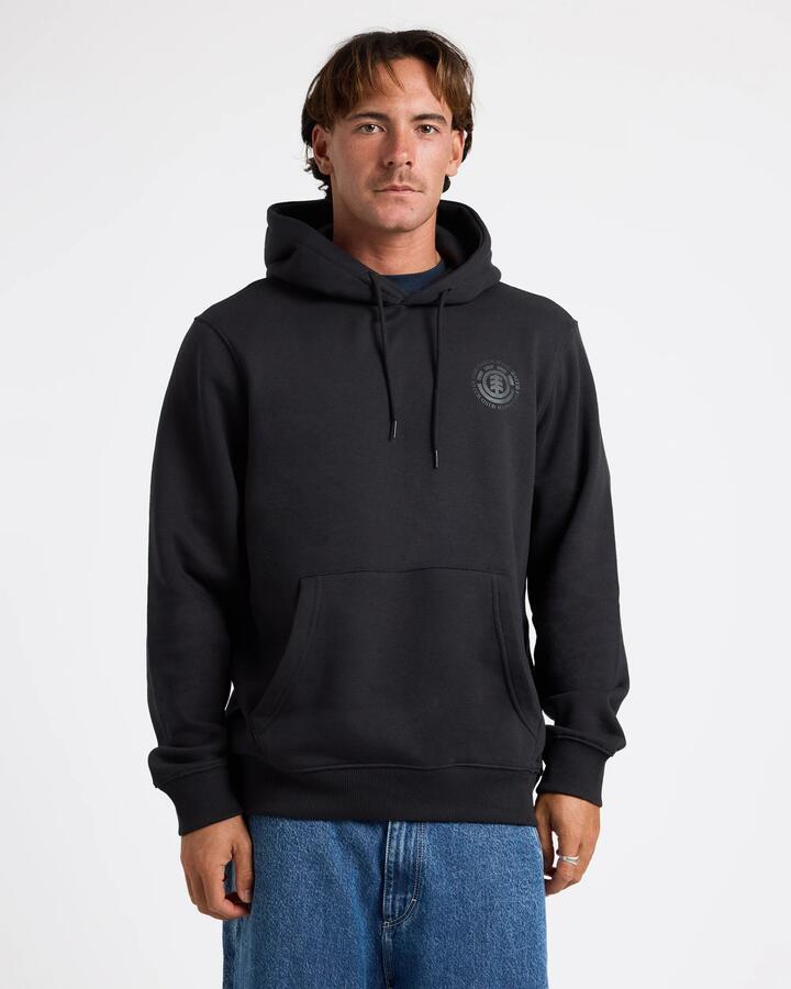 Image of a model wearing Outerwear. Productname: Element Mens Seal Back Print Pullover Hoodie Flint Black - in Flint Black colour by brand - Element