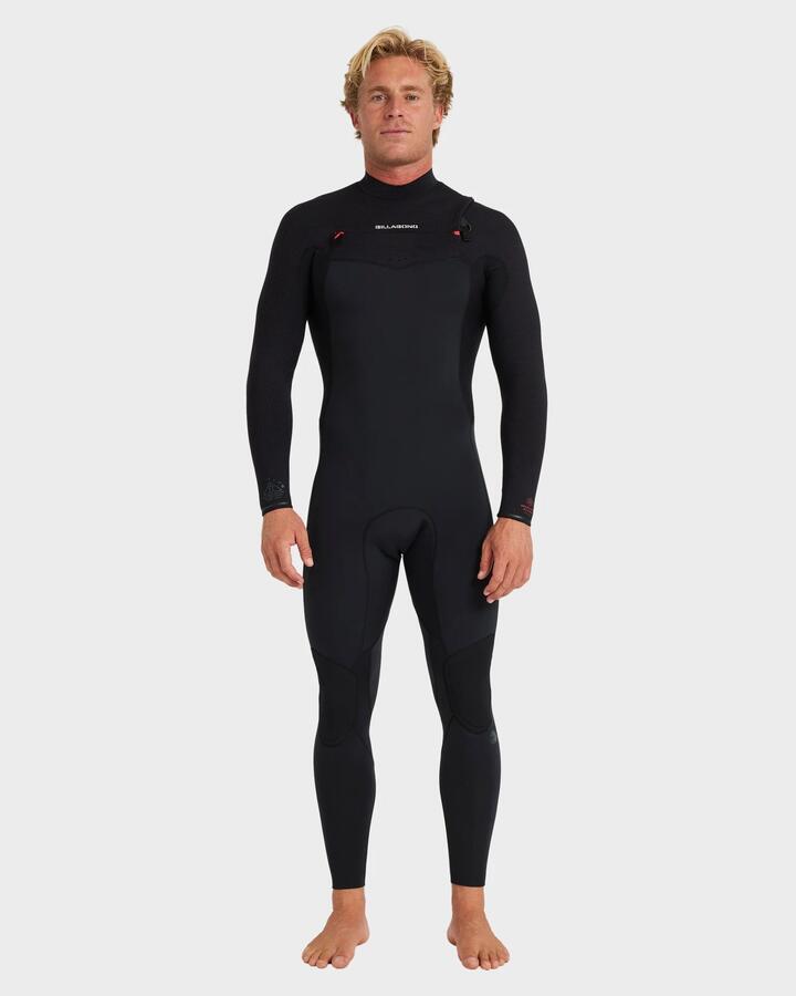 Image of a model wearing Tops. Productname: Billabong Mens 3/2Mm Revolution Chest Zip Long Sleeve Fullsuit Black Red - in Black Red colour by brand - Billabong