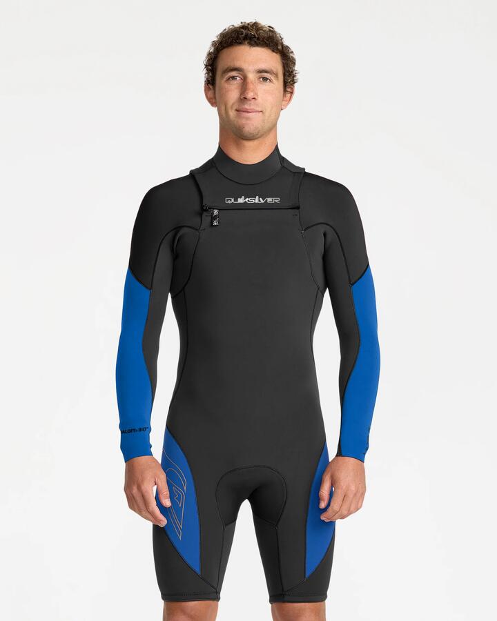 Image of a model wearing Tops. Productname: Quiksilver Mens 2/2 Mercury Spring Chest Zip Wetsuit True Blue - in True Blue colour by brand - Quiksilver