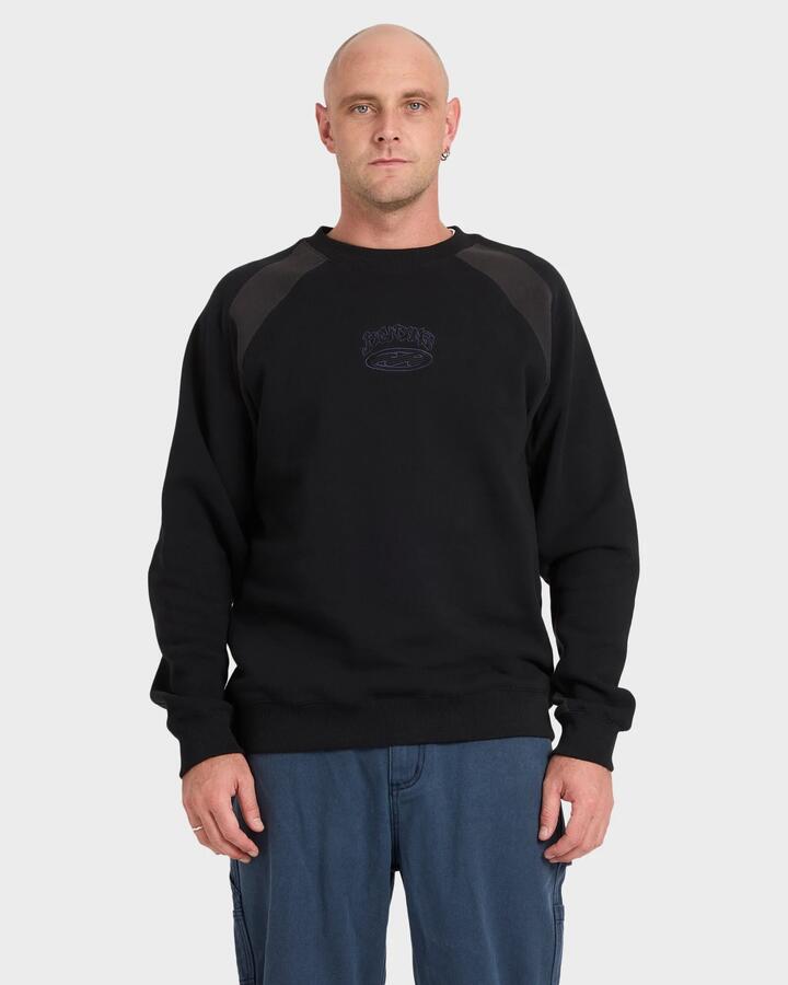 Image of a model wearing Outerwear. Productname: Billabong Mens Bad Dog Crew Neck Fleece Black - in Black colour by brand - Billabong