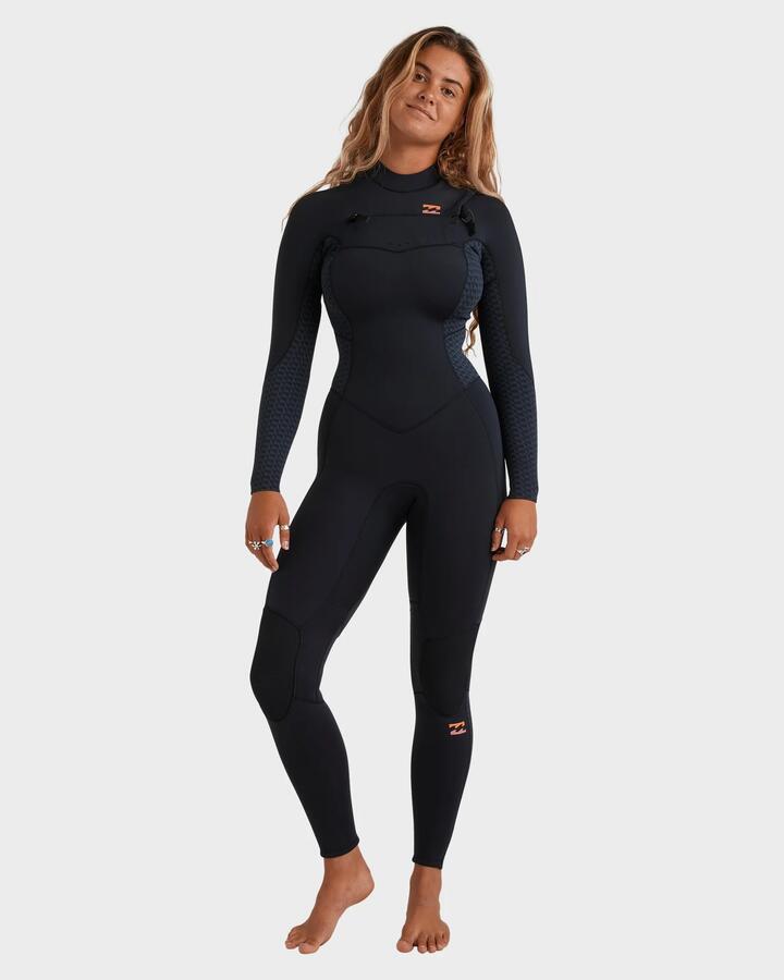 Image of a model wearing Tops. Productname: Billabong Womens 4/3Mm Synergy Natural Gbs Chest Zip Long Sleeve Fullsuit Black Geo - in Black Geo colour by brand - Billabong