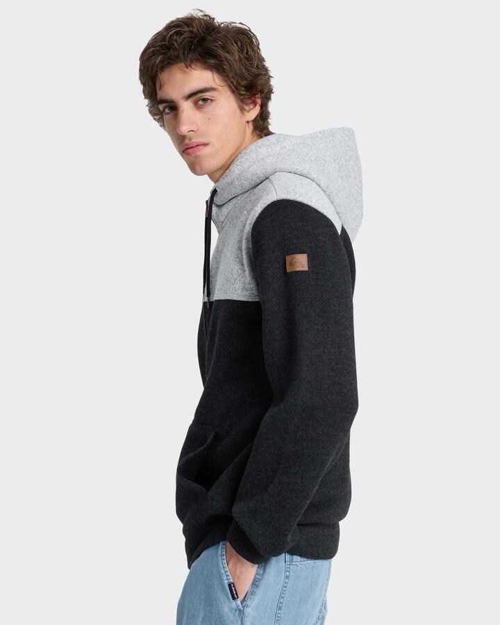 Image of a model wearing Outerwear. Productname: Quiksilver Mens Keller Block Zip Up Hoodie Black Heather - in Black Heather colour by brand - Quiksilver