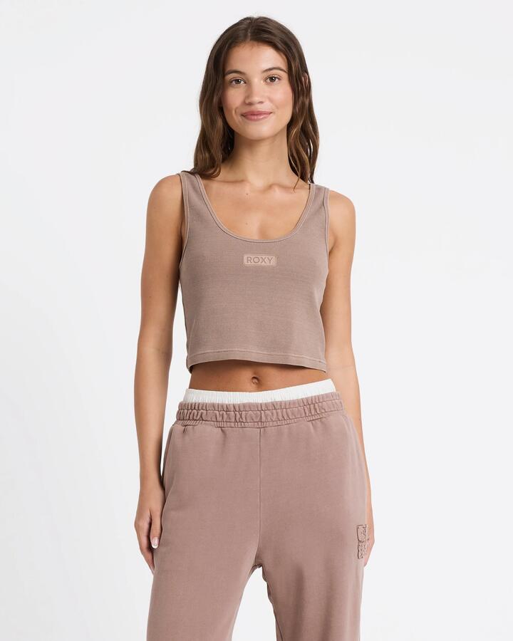 Image of a model wearing Tops. Productname: Roxy Womens Cool Down Tank Top Mocha - in Mocha colour by brand - Roxy