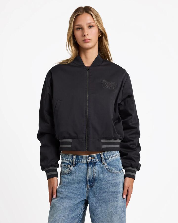 Image of a model wearing Outerwear. Productname: RVCA Womens Ryan Bomber Jacket Black - in Black colour by brand - RVCA
