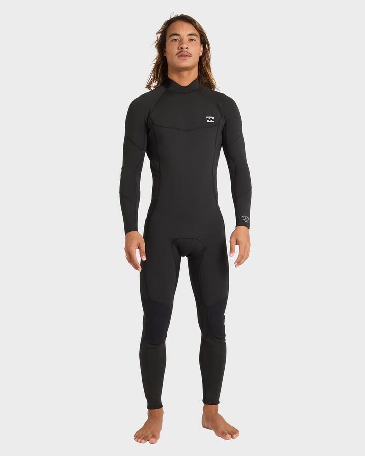 Image of a model wearing Tops. Productname: Billabong Mens 3/2Mm Absolute Back Zip Long Sleeve Fullsuit Black - in Black colour by brand - Billabong