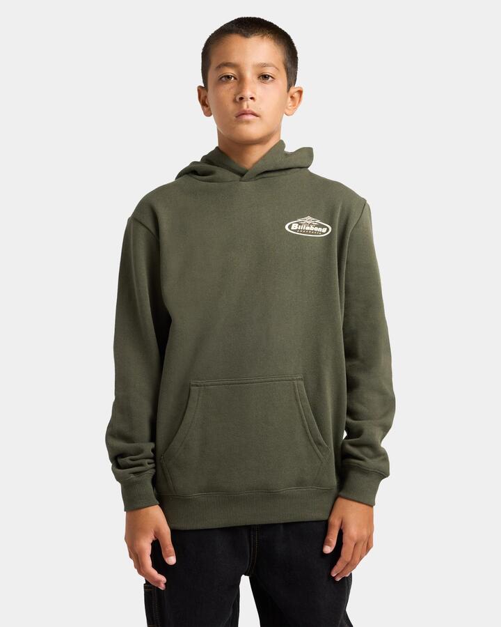 Image of a model wearing Outerwear. Product name - Billabong Boys 8-16 Diamond Pullover Hoodie Dark Military in Dark Military colour by brand - Billabong