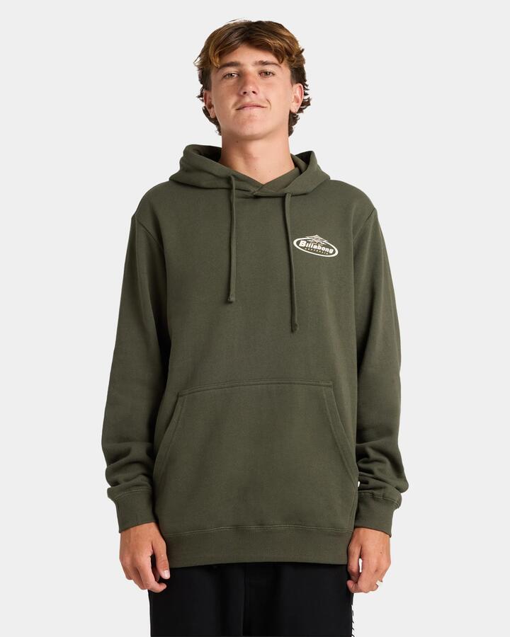 Image of a model wearing Outerwear. Product name - Billabong Mens Diamond Wave Pullover Hoodie Dark Military in Dark Military colour by brand - Billabong