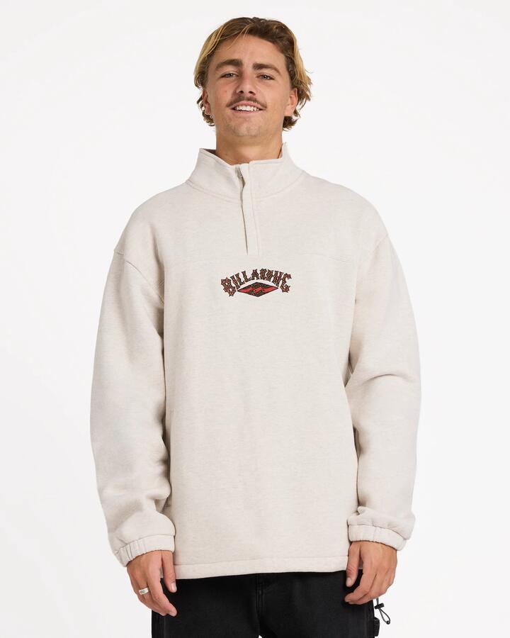 Image of a model wearing Outerwear. Product name - Billabong Mens Otis King Prawn Quarter Zip Fleece Pullover Light Grey Heather in Light Grey Heather colour by brand - Billabong