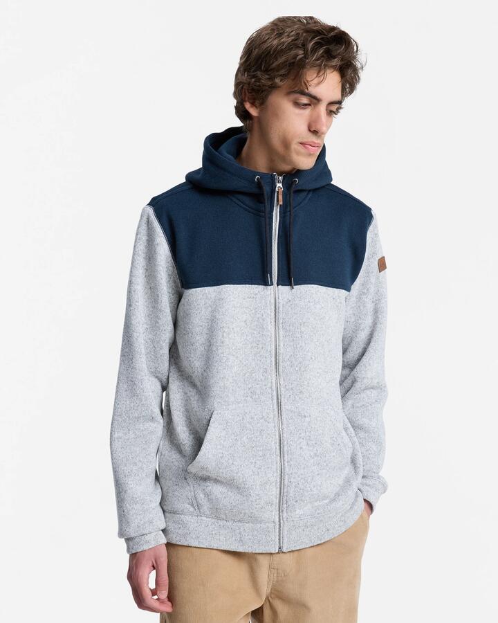 Image of a model wearing Outerwear. Product name - Quiksilver Mens Keller Block Zip Up Hoodie Dark Navy in Dark Navy colour by brand - Quiksilver