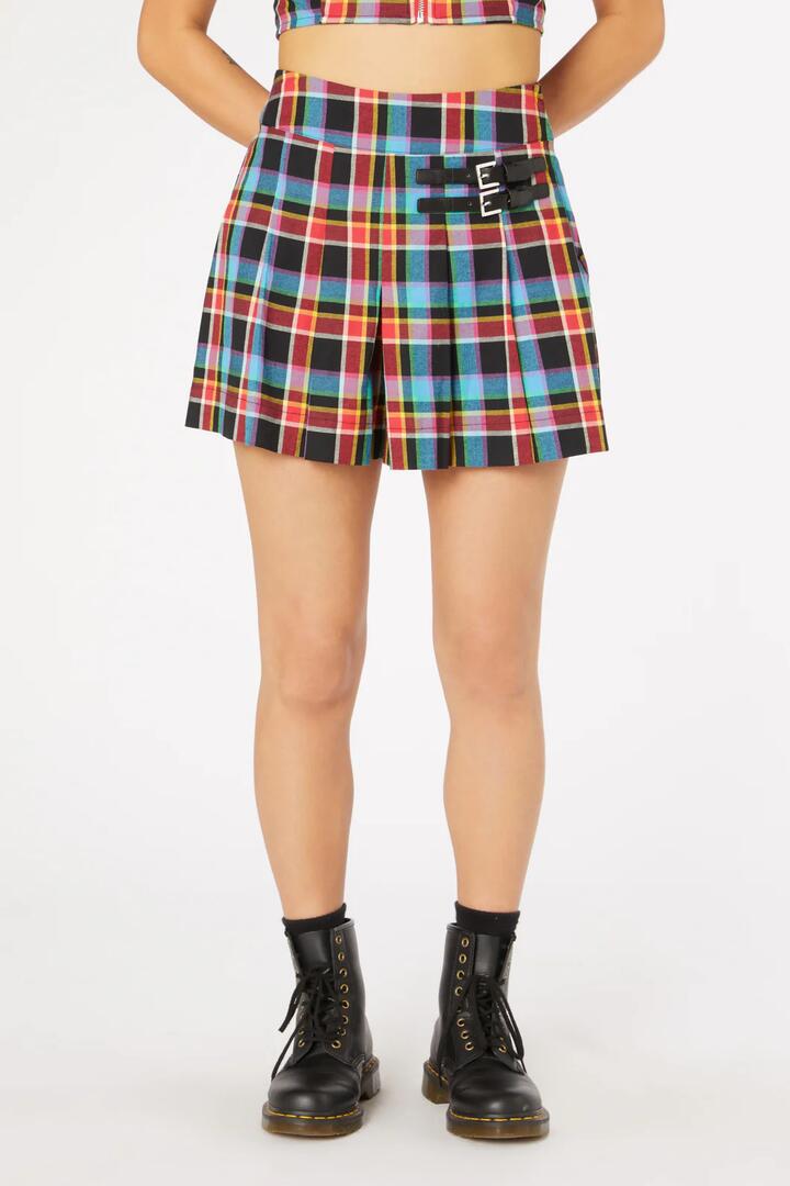 Image of a model wearing Skirts. Productname: Rainbow Tartan Buckle Skort in Rainbow colour by brand - Dangerfield