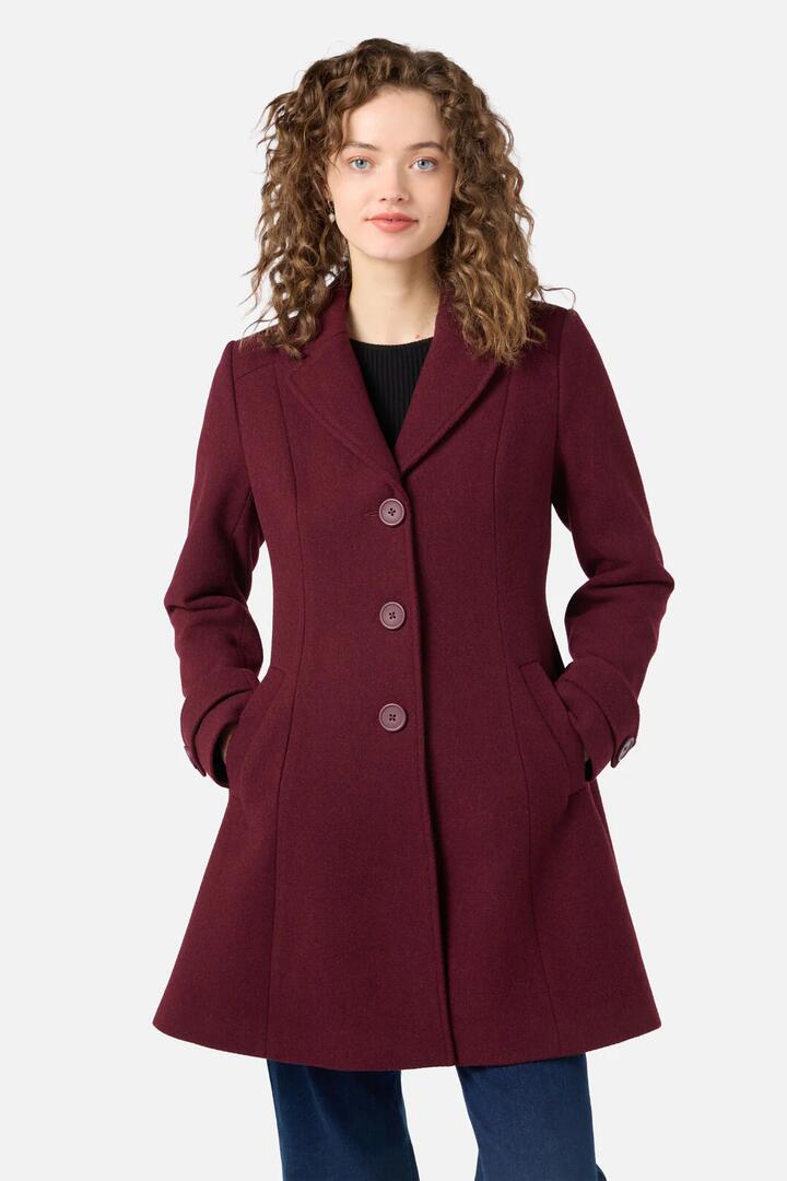 Image of a model wearing Outerwear. Productname: Mabel A-Line Wool Blend Coat in Plum colour by brand - Princess Highway