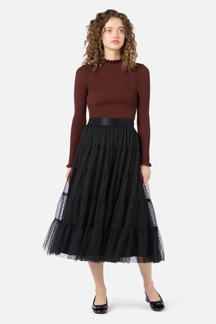 Image of a model wearing Skirts. Productname: Francesca Tulle Midi Skirt in Black colour by brand - Princess Highway