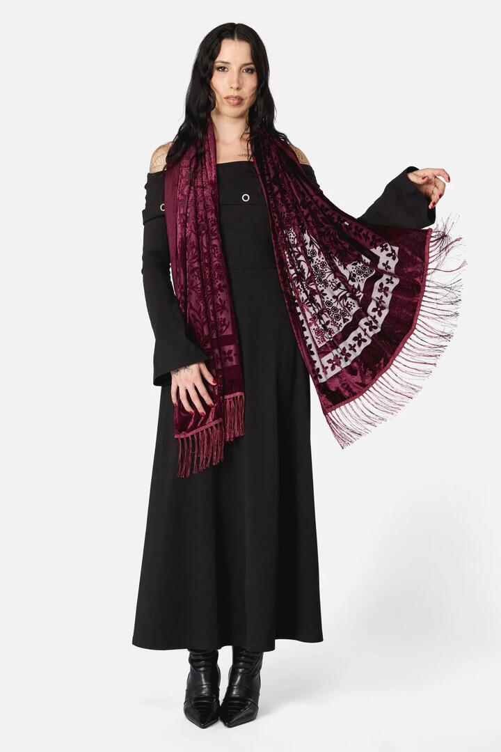 Image of Scarves & Shawls. Productname: Velvet Burnout Scarf in Burgundy colour by brand - Dangerfield
