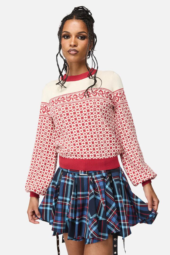 Image of a model wearing Tops. Productname: Medieval Fairisle Knit in Cream/Wine colour by brand - Black Friday