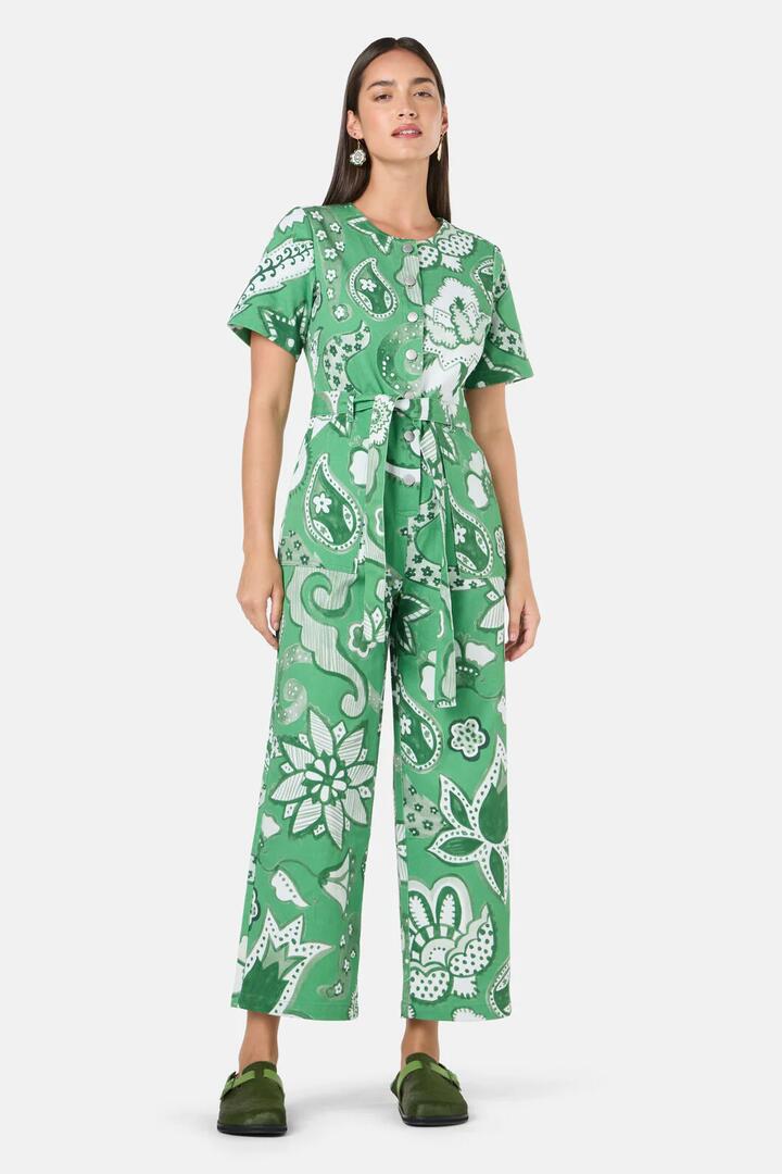 Image of a model wearing Pants. Product name - Paisley Parade Boiler Suit in Green colour by brand - Gorman