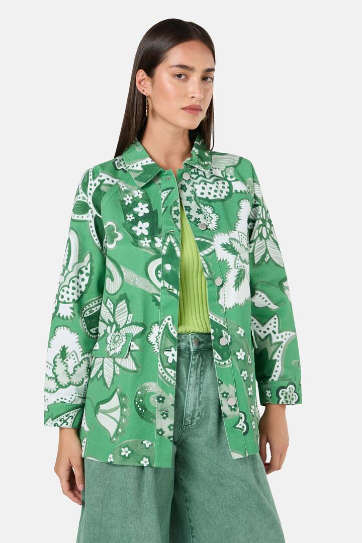 Image of Coats & Jackets. Product name - Paisley Parade Denim Shacket in Green colour by brand - Gorman