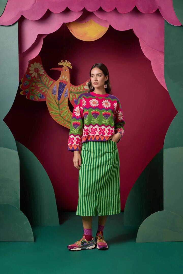 Image of a model wearing Skirts. Product name - Linea Stripe Denim Skirt in Stripe colour by brand - Gorman