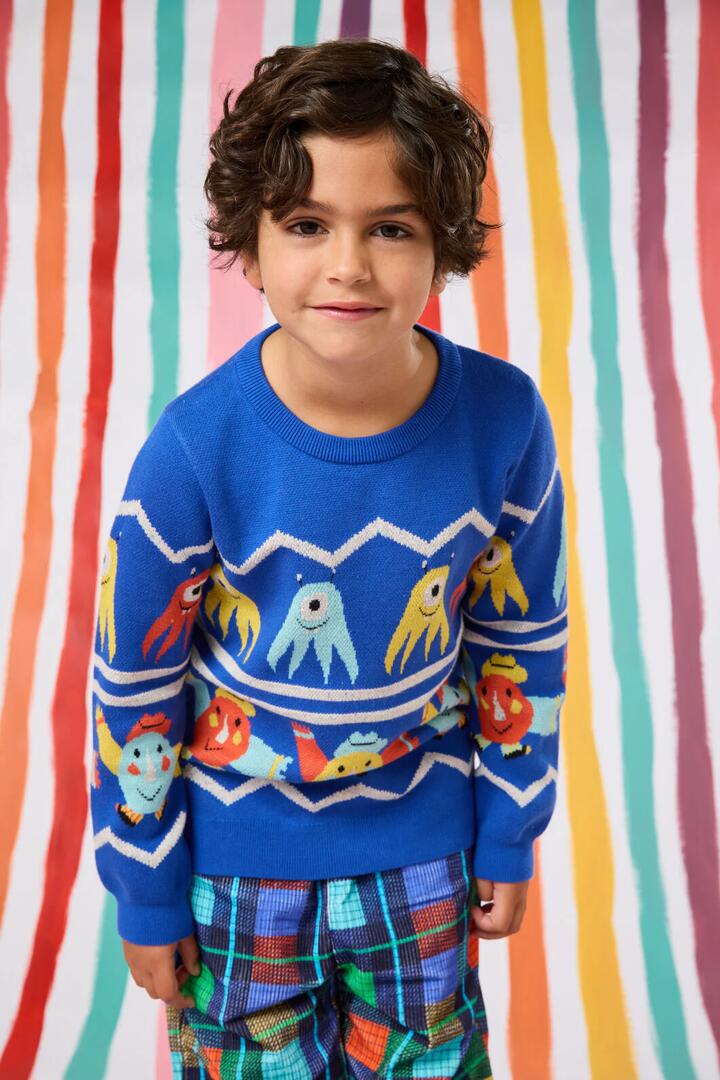 Image of a model wearing Outerwear. Productname: Monsters Play Kids Jumper in Blue colour by brand - Gorman