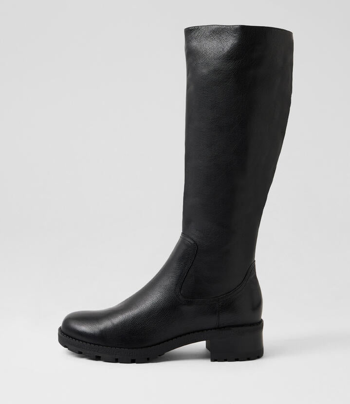 Image of Boots. Productname: Maco Black Leather Knee High Boots in Black-Black Heel colour by brand - MIDAS