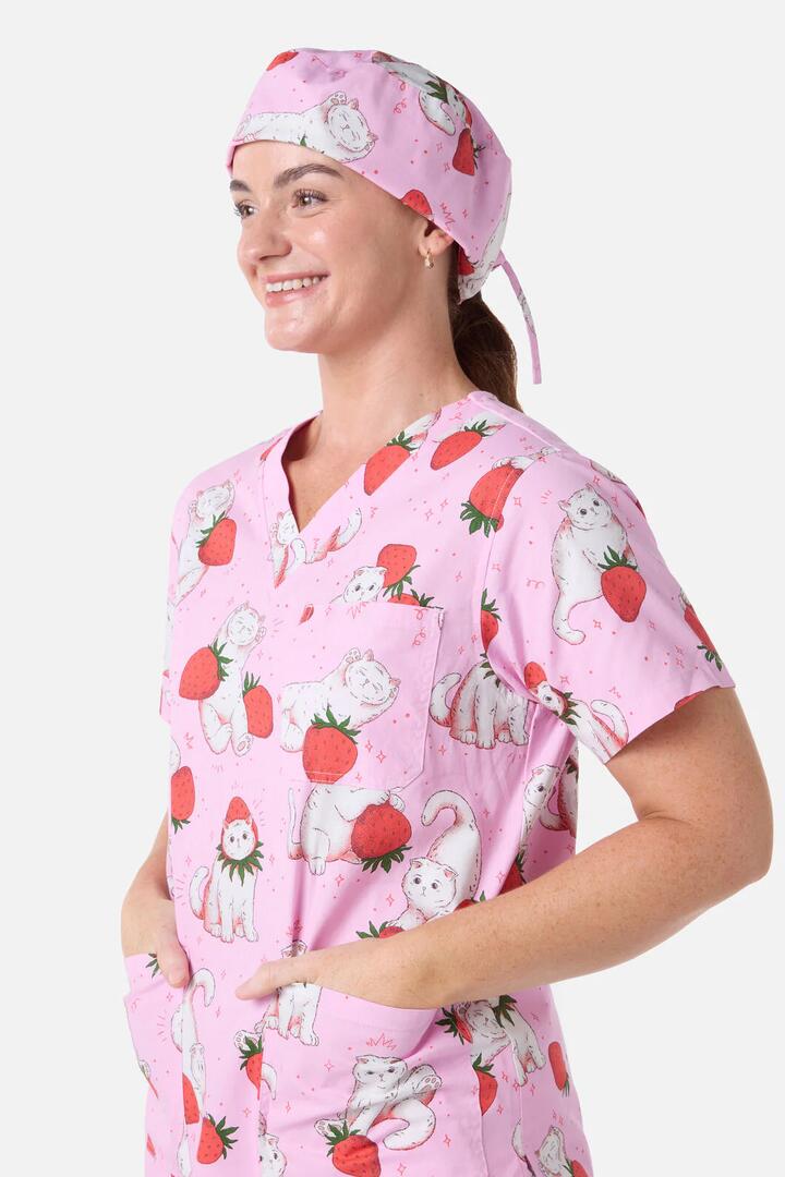 Image of Hats. Productname: Strawberry Cats Scrub Hat in Pink colour by brand - Scrubs With Love
