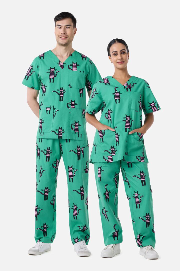 Image of a model wearing Uniforms & Workwear. Productname: Peculiar Puss Scrub Set in Green colour by brand - Scrubs With Love