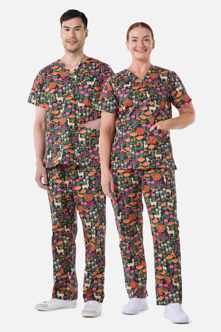 Image of a model wearing Uniforms & Workwear. Productname: Llama & Bird Scrub Set in Green colour by brand - Scrubs With Love
