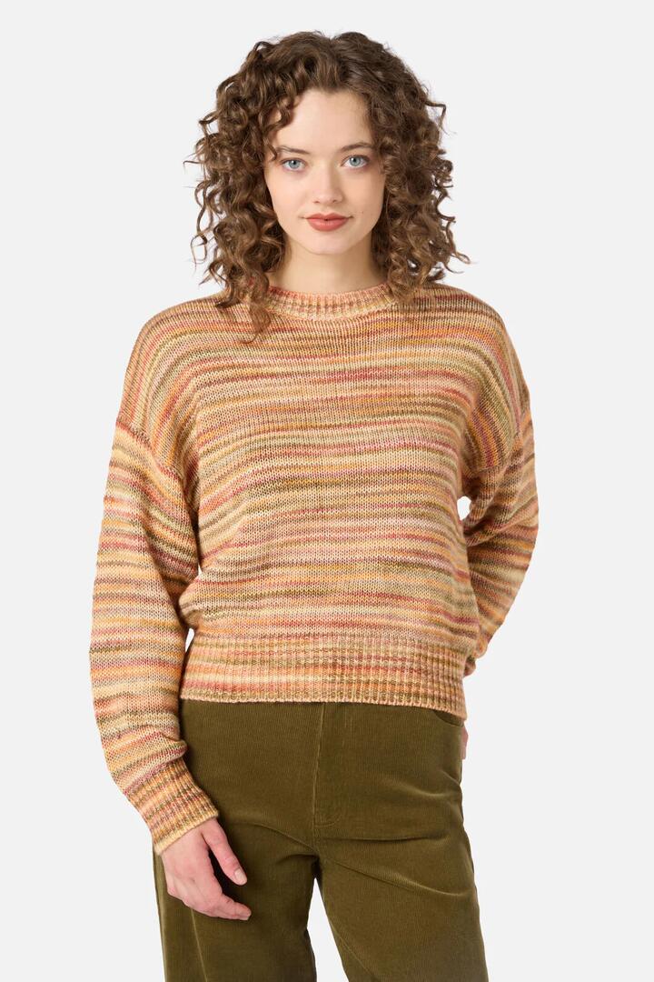 Image of a model wearing Outerwear. Productname: Aspen Multi Colour Knit Jumper in Sunset colour by brand - Princess Highway