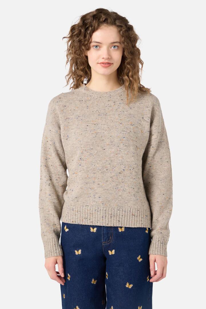 Image of a model wearing Outerwear. Productname: Miller Wool Blend Jumper in Stone colour by brand - Princess Highway