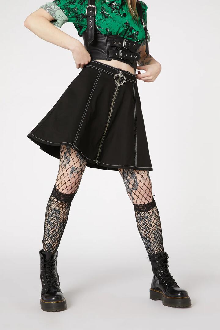 Image of a model wearing Skirts. Productname: Metal Heart Zip Skater Skirt in Black colour by brand - Dangerfield