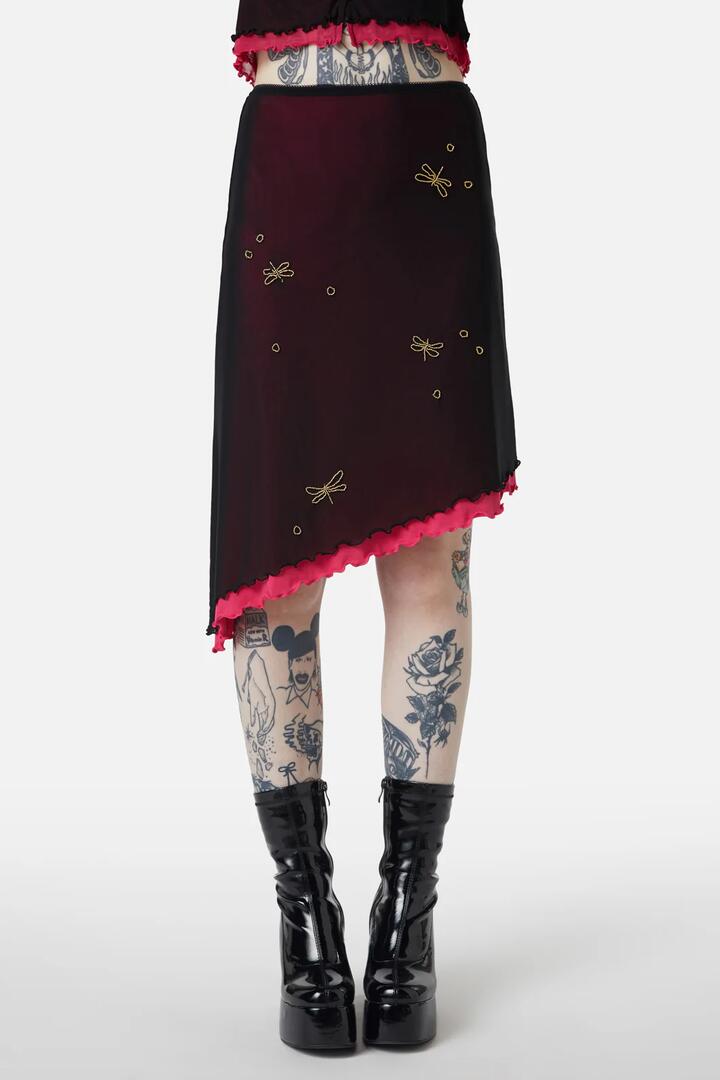 Image of a model wearing Skirts. Productname: Dragonfly Skirt in Black/Pink colour by brand - Dangerfield