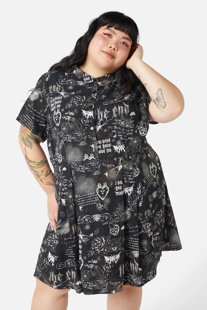 Image of Dresses. Productname: Curve Lover's Departure Print Dress in Black colour by brand - Dangerfield