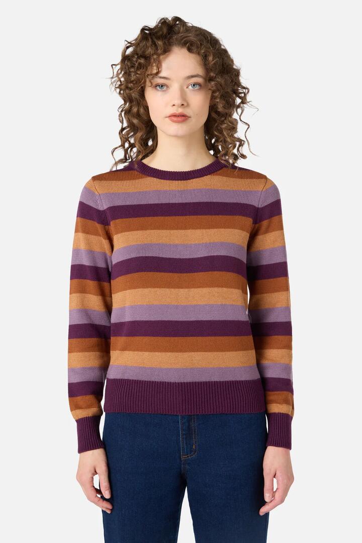 Image of a model wearing Outerwear. Productname: Raphaelle Stripe Knit Jumper in Green colour by brand - Princess Highway