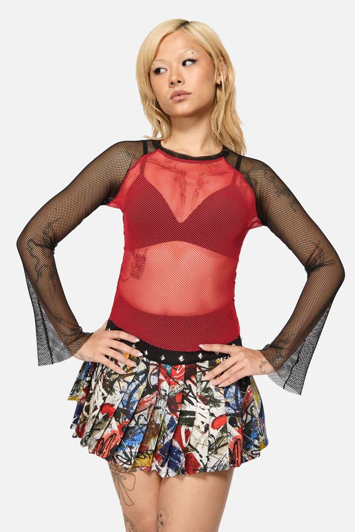Image of a model wearing Tops. Productname: Facade Goth Mesh Top in Black Red colour by brand - Black Friday