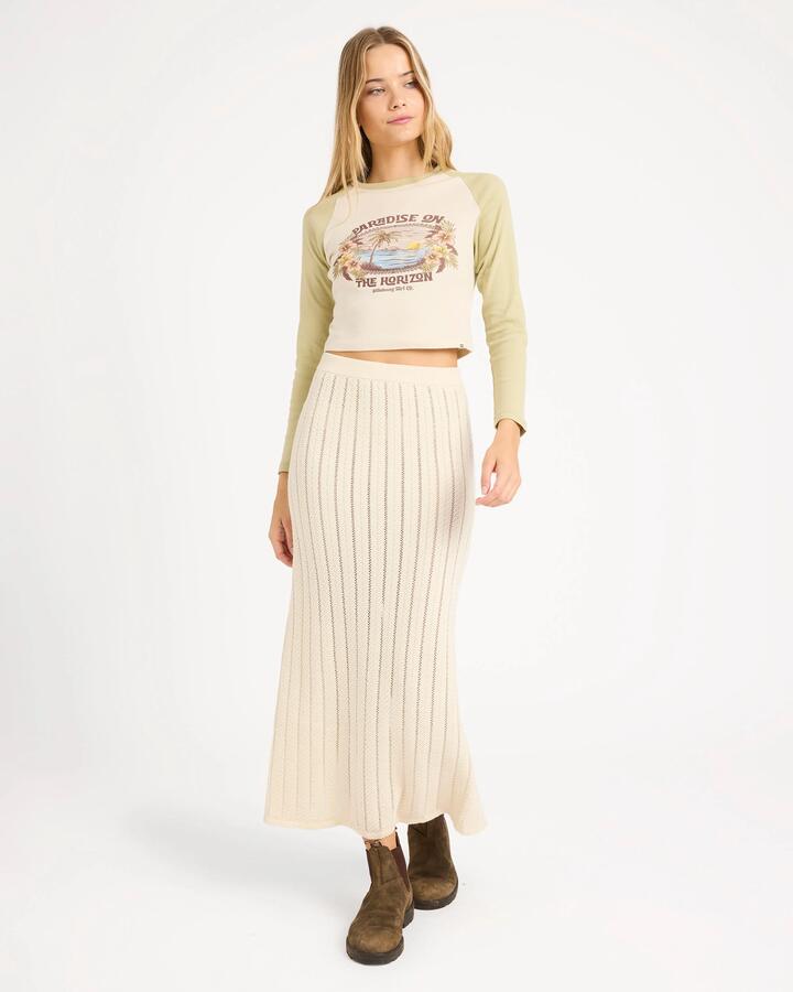 Image of a model wearing Skirts. Product name - Billabong Womens Mindy Maxi Skirt Whitecap in Whitecap colour by brand - Billabong