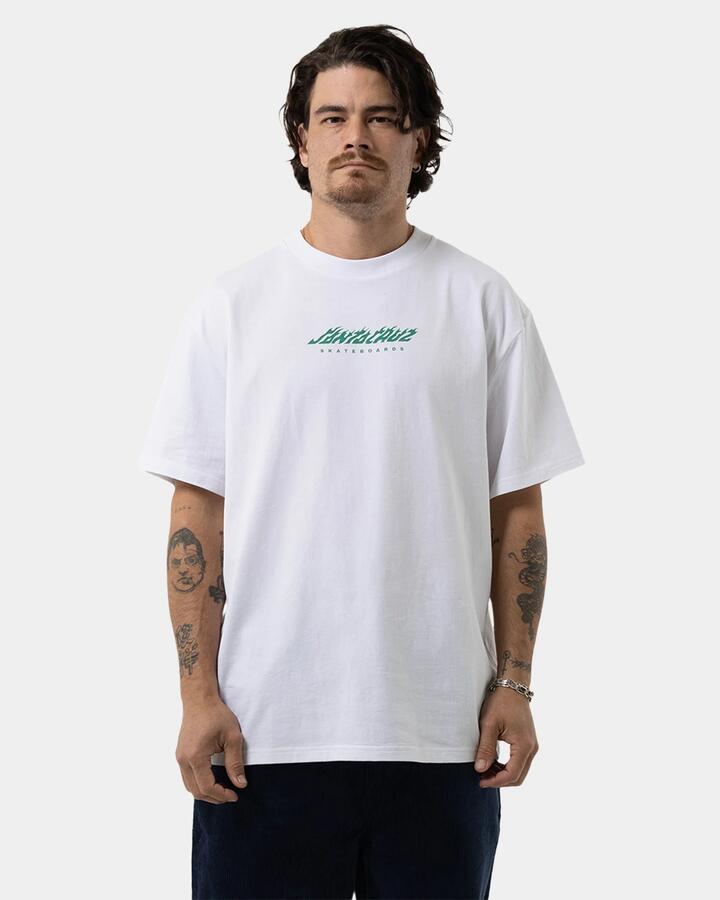 Image of T-Shirts. Product name - Santa Cruz Mens Dice Flame Dot Strip Front T-Shirt White in White colour by brand - Santa Cruz