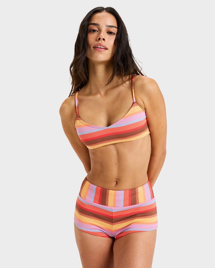 Image of a model wearing Tops. Product name - Roxy Womens Sunset Stripe Bralette Bikini Top Pink Cosmos in Pink Cosmos colour by brand - Roxy