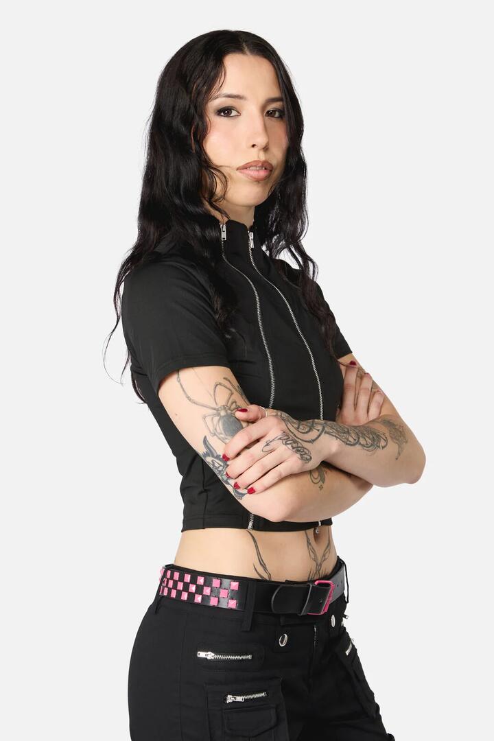 Image of Belts. Productname: Checkered Stud Belt in Pink/Black colour by brand - Black Friday